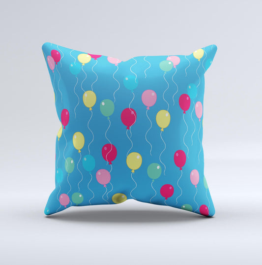 Blue With Colorful Flying Balloons Ink-Fuzed Decorative Throw Pillow