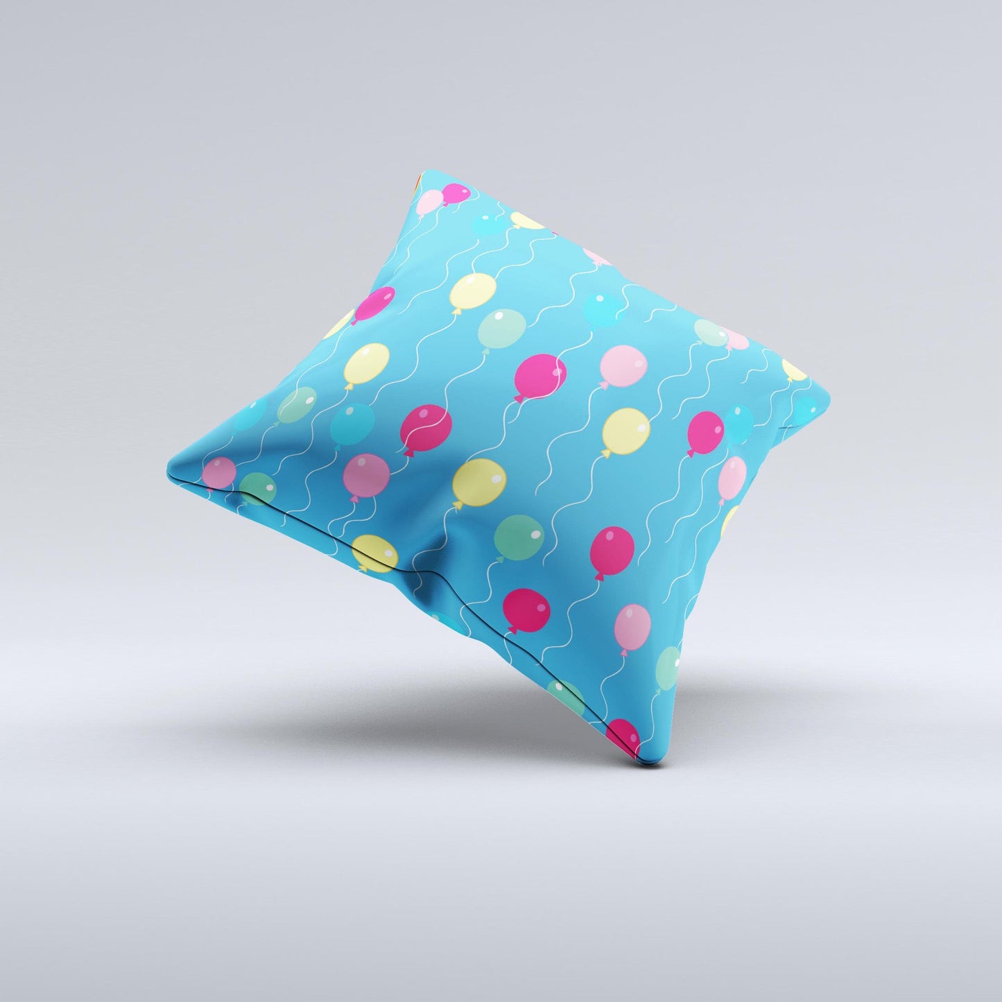 Blue With Colorful Flying Balloons Ink-Fuzed Decorative Throw Pillow