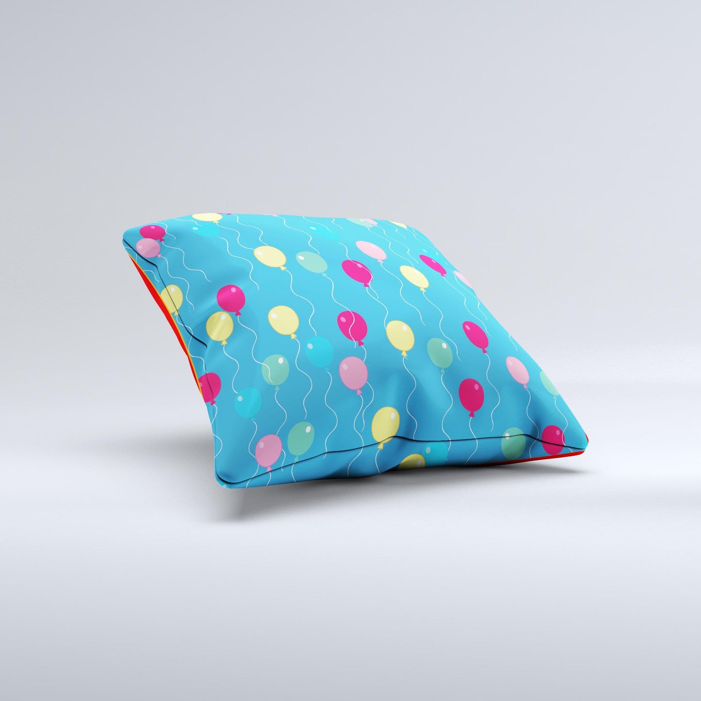 Blue With Colorful Flying Balloons Ink-Fuzed Decorative Throw Pillow