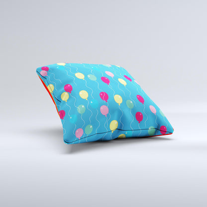 Blue With Colorful Flying Balloons Ink-Fuzed Decorative Throw Pillow