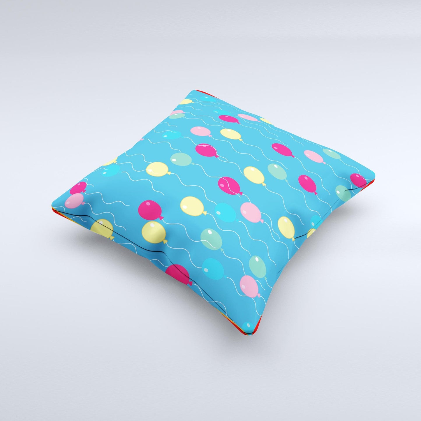 Blue With Colorful Flying Balloons Ink-Fuzed Decorative Throw Pillow