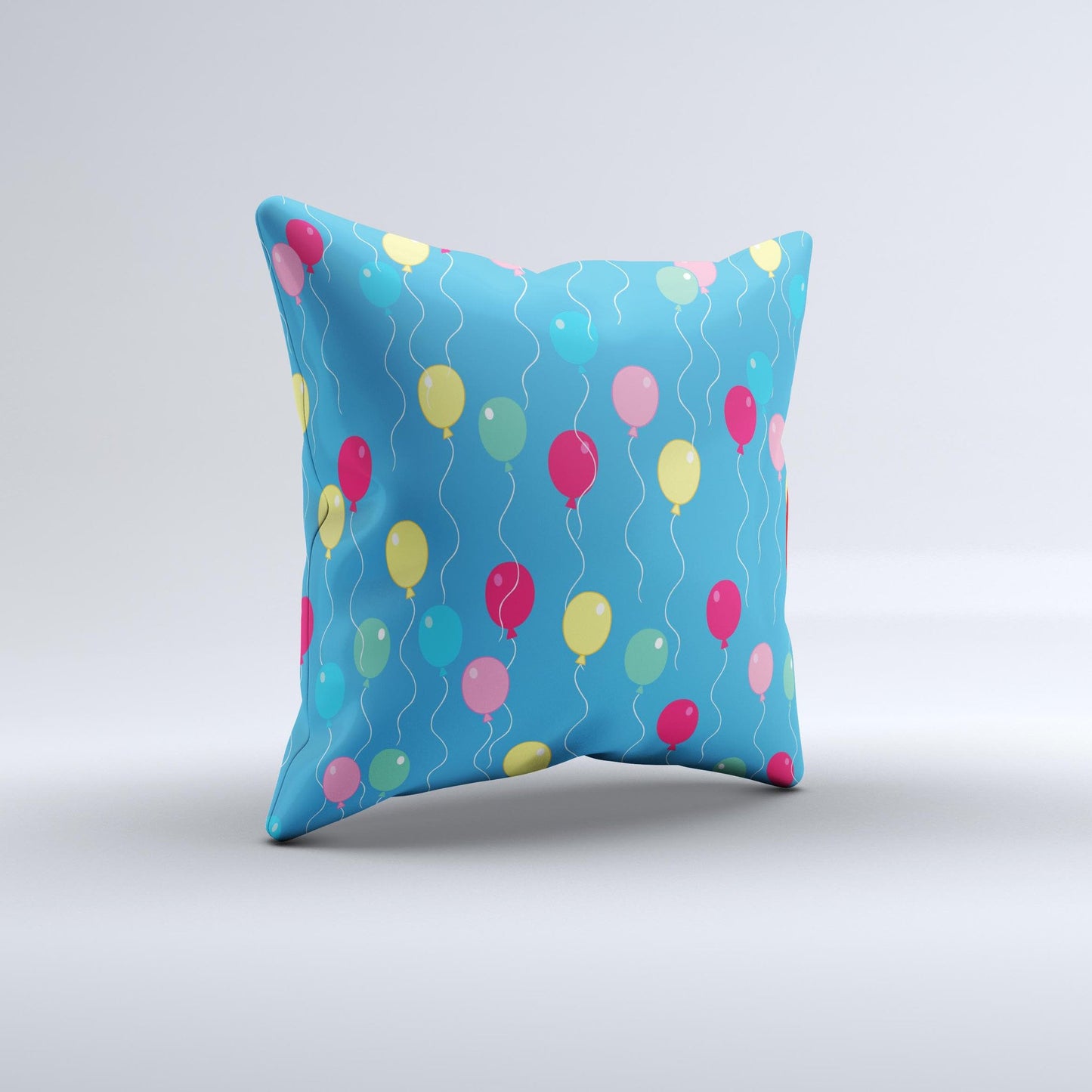 Blue With Colorful Flying Balloons Ink-Fuzed Decorative Throw Pillow
