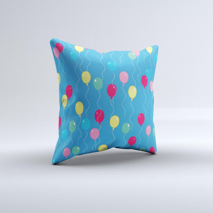 Blue With Colorful Flying Balloons Ink-Fuzed Decorative Throw Pillow